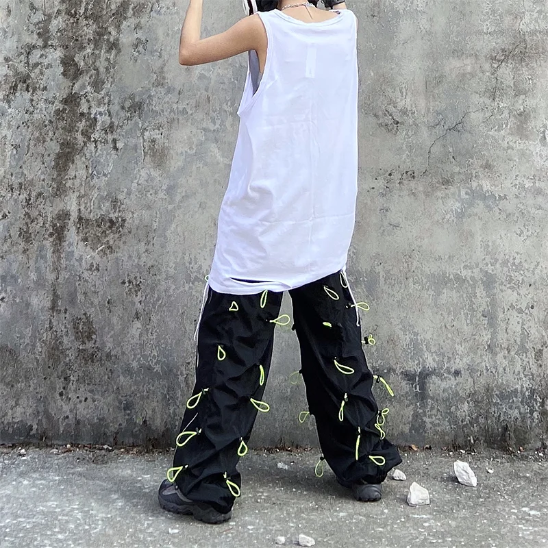 [EAM] High Elastic Waist Green Drawstring Wide Leg Long Trousers New Loose Fit Pants Women Fashion Tide Spring Autumn 2020 1X847