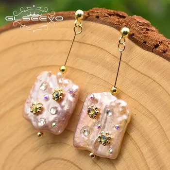 

GLSEEVO High Quality Big Baroque Pink Pearl Drop Earrings For Women Wedding Party Birthday Gifts Fine Jewelry Brincos GE0835B