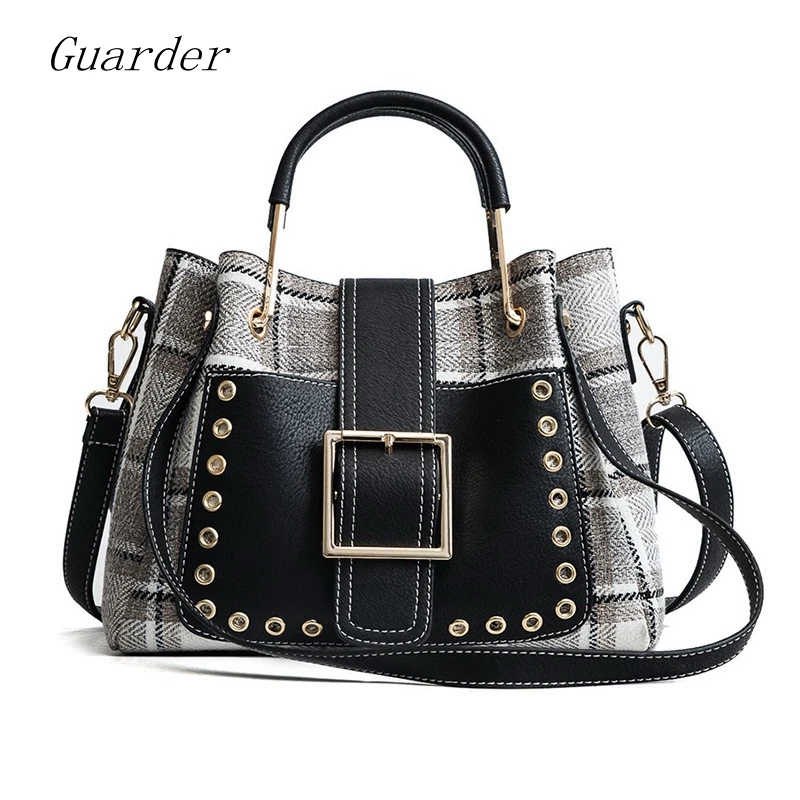 

Guarder Fashion Retro Plaid Bucket Bag Rivet Shoulder Bags For Women Handbag Panelled Large Capacity Tote Bag PU Leather GUA0145