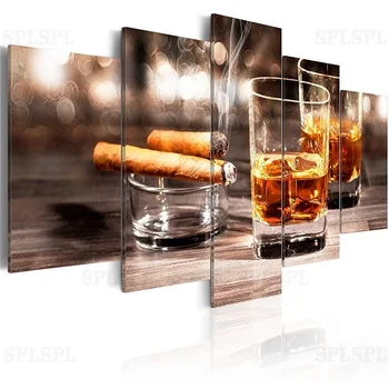 

5 Pieces Modern Abstract Wall Art Cigars Wine Photo Canvas Painting Glasses Posters and Prints Modular Pictures for Bar Decor