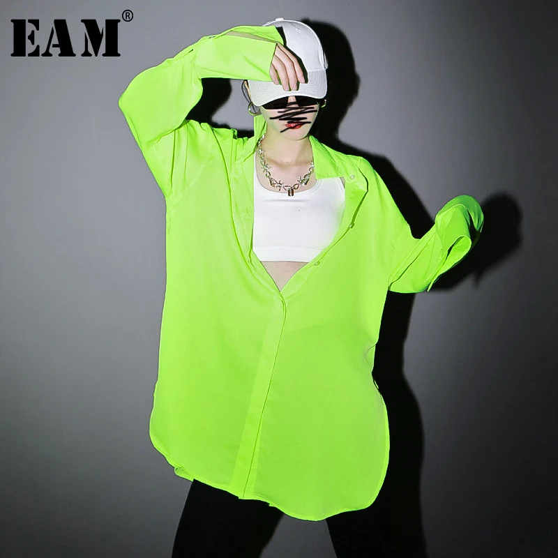 

[EAM] Women Fluorescent Green Brief Big Size Blouse New Lapel Long Sleeve Loose Fit Shirt Fashion Tide Spring Autumn 2020 1S276