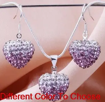 

wholesale new mixed multicolor heart Silver Plated snake chain gradual change Crystal crystal set earrings Necklace Women jjfgd