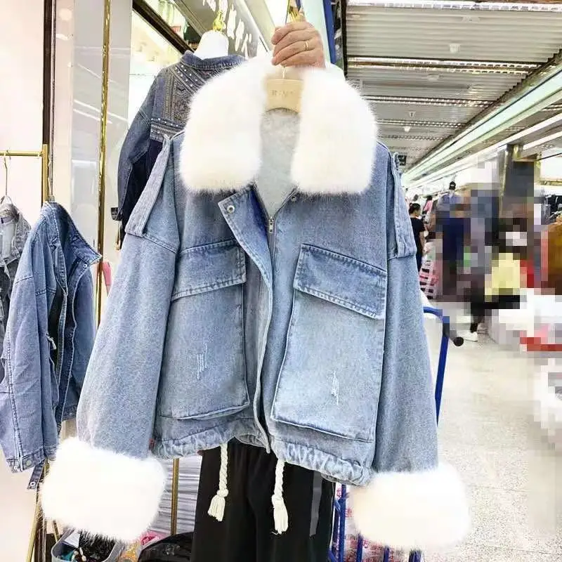 Бархатная Толстая джинсовая куртка женская зимняя Большая Меховая куртка с отложным воротником корейское локомотивное пальто из овечьей шерсти женское студенческое джинсовое теплое пальто