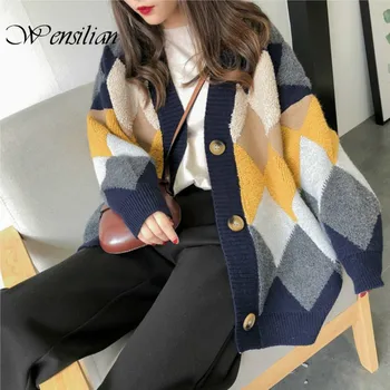 

Plaid Long Cardigans Women Sweaters Puff Sleeve Jumper Casual Women's Knitted Jackets Winter Outwear Coats Female Sweater Mujer