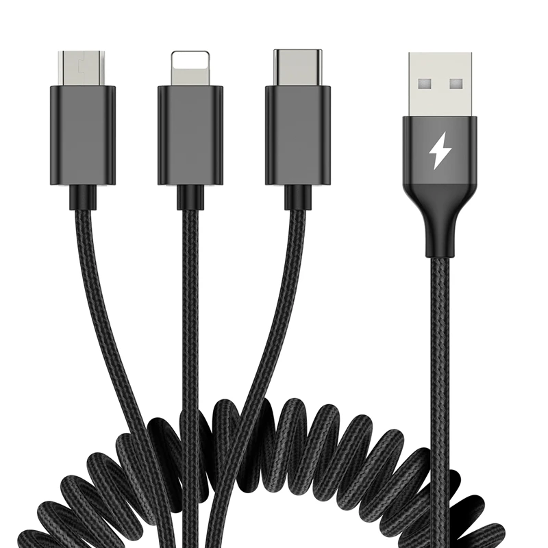 ROCK 3 в 1 USB кабель металлический выдвижной пружинный кабель Быстрая зарядка нейлоновый плетеный кабель type C Micro USB для передачи данных для iPhone samsung - Цвет: Black