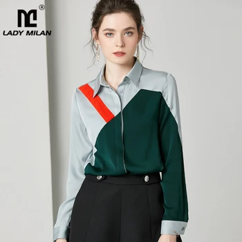 

100% Pure Silk Women's Runway Shirts Turn Down Collar Long Sleeves Color Block Fashion Casual Blouse Shirt