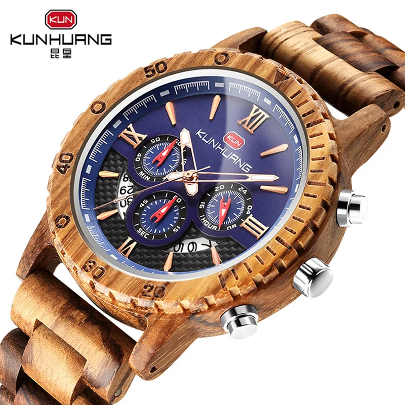 

New Fashion Wooden Mechanical Watch Men Luxury Gold Watch for Men Automatic and Multi-Functional Wristwatch Male Clock KUNHUANG
