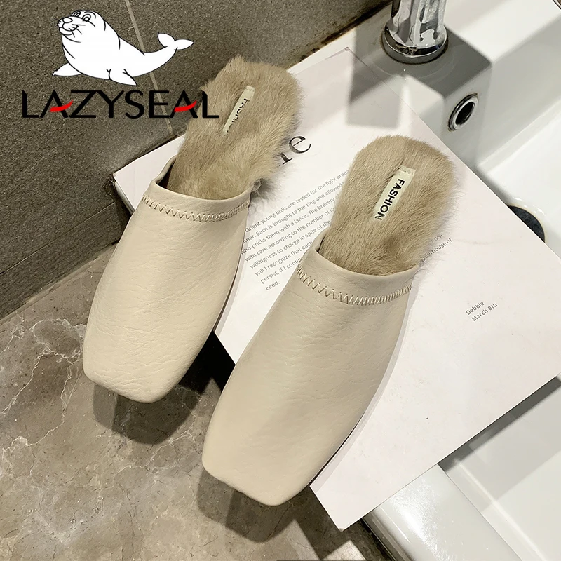 LazySeal туфли без задника с квадратным носком; женские шлепанцы; женские пушистые шлепанцы с натуральным кроличьим мехом; женские вьетнамки на плоской подошве; женские шлепанцы без задника