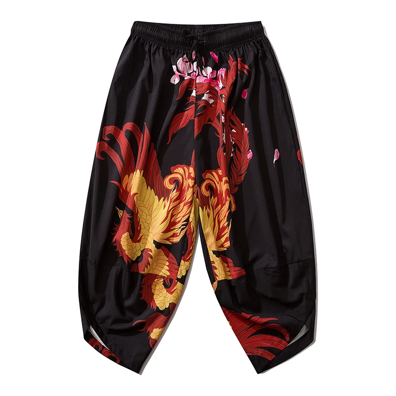 Bebovizi 2020 Japanese Style Harajuku Men Trousers Sakura Samurai Costume Loose Fashion Women Traditional Bloom Pants Haori