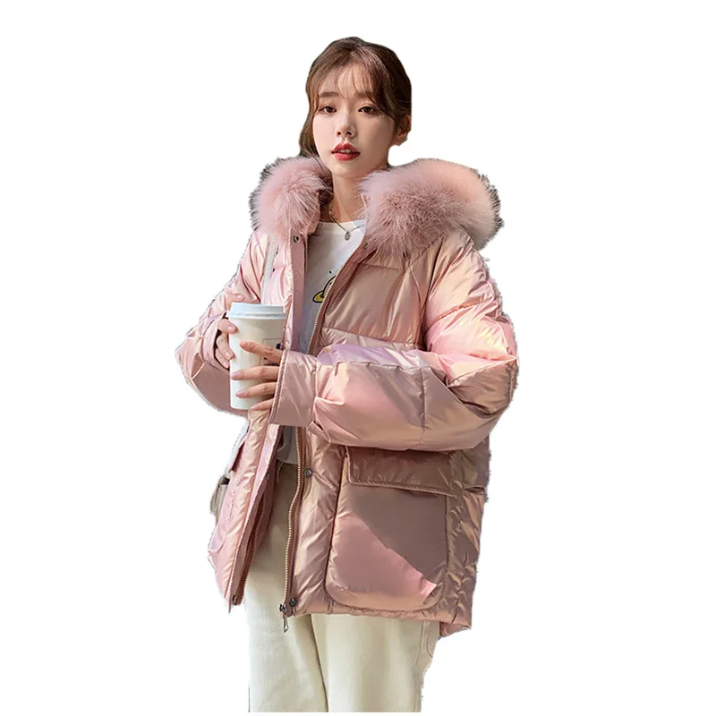 

New Pink Parkas Jacket Women 2021 Winter Thick Warm Cotton Coat Loose Fur Collar Hooded Glossy Down Cotton Coat N1477