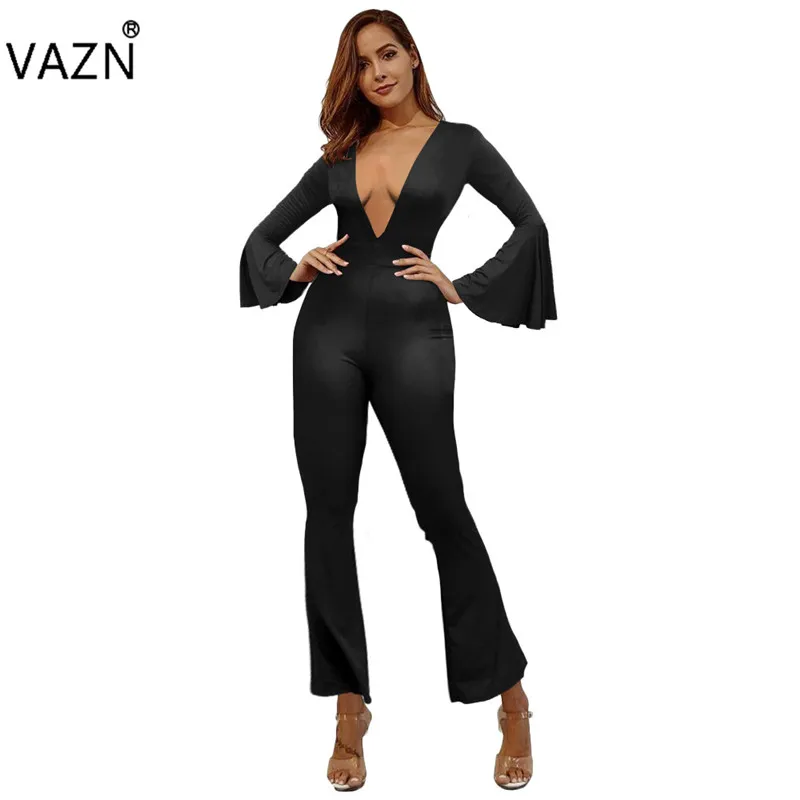 VAZN FM1125 Новые комбинезоны Yong Lady Of Note пикантные офисные модные однотонные с открытым глубоким v-образным вырезом и длинными рукавами женские тонкие ботинки комбинезон с вырезами