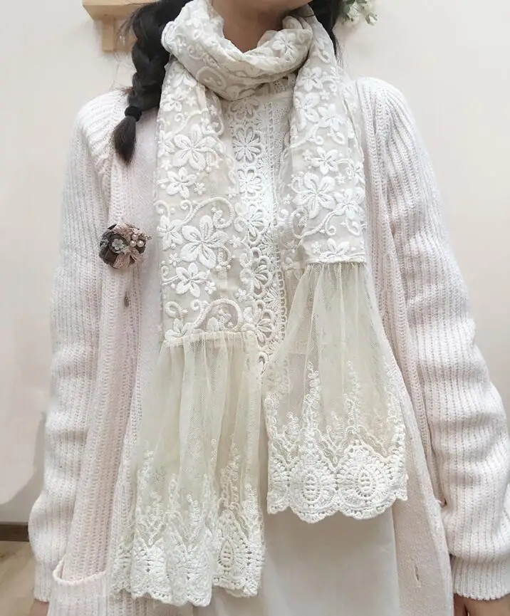 Female Cotton Linen Lace Embroidered Scarf Women's Retro Long Hijab Scarf Japan Mori Girl Sweet Beauty Ponchos Capes Lace Scarf