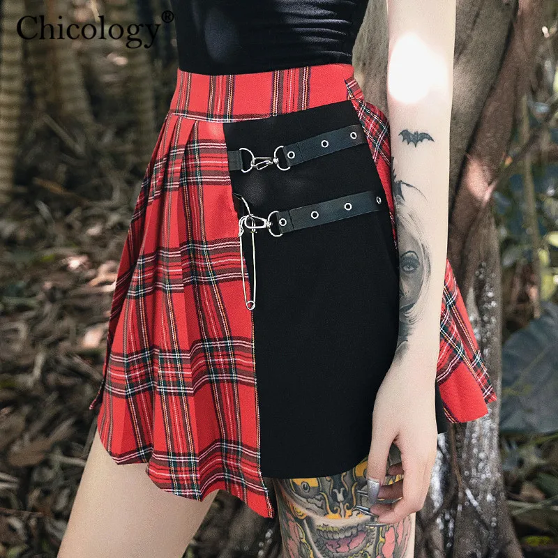 Chicology клетчатая плиссированная мини-юбка harajuku с металлической пуговицей в стиле пэчворк летняя Готическая женская уличная сексуальная одежда с высокой талией