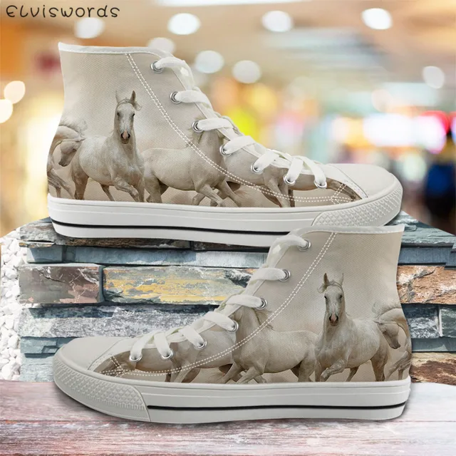 ELVISWORDS 3D Painting Horse Black High Top Women Casual Canvas Shoes Womens Vulcanize Flats Shoes Spring Woman Girls Sneakers Ivory