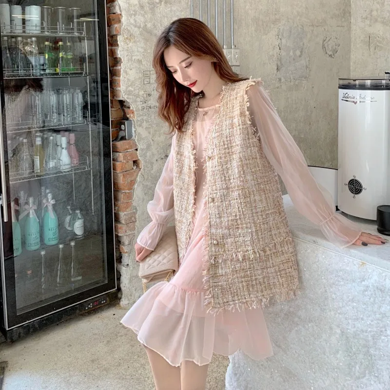 pink dress Кисточка v-образным вырезом однобортный женский свободный жилет Осень бренд моды уличная женский жилет без рукавов средней длины - Цвет: pink dress