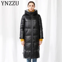 YNZZU высокое качество зимние Для женщин пуховик однотонная черная глянцевая длинный белый пуховик с гусиным пухом для мальчиков Женский, ветровка, верхняя одежда, которая защищает от ветра A1348