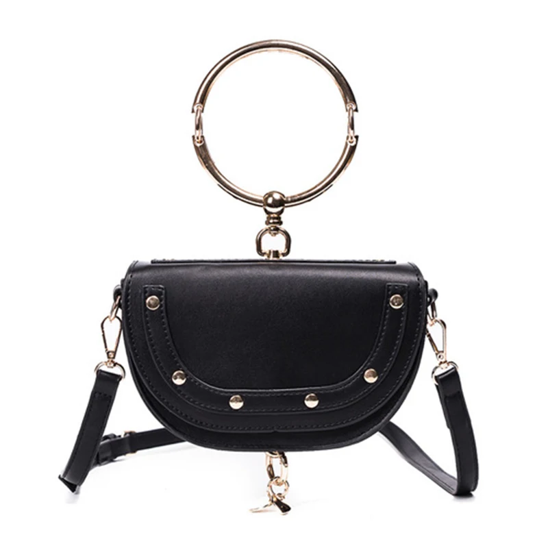 Black Messenger Bags Женская сумка-седло, модная, Полиуретановая, Полукруглая, с ручкой, роскошная, кожаная, на плечо, сумка-мессенджер, мини, круглая, с кольцом, сумочка, женский клатч - Цвет: Black Messenger Bags