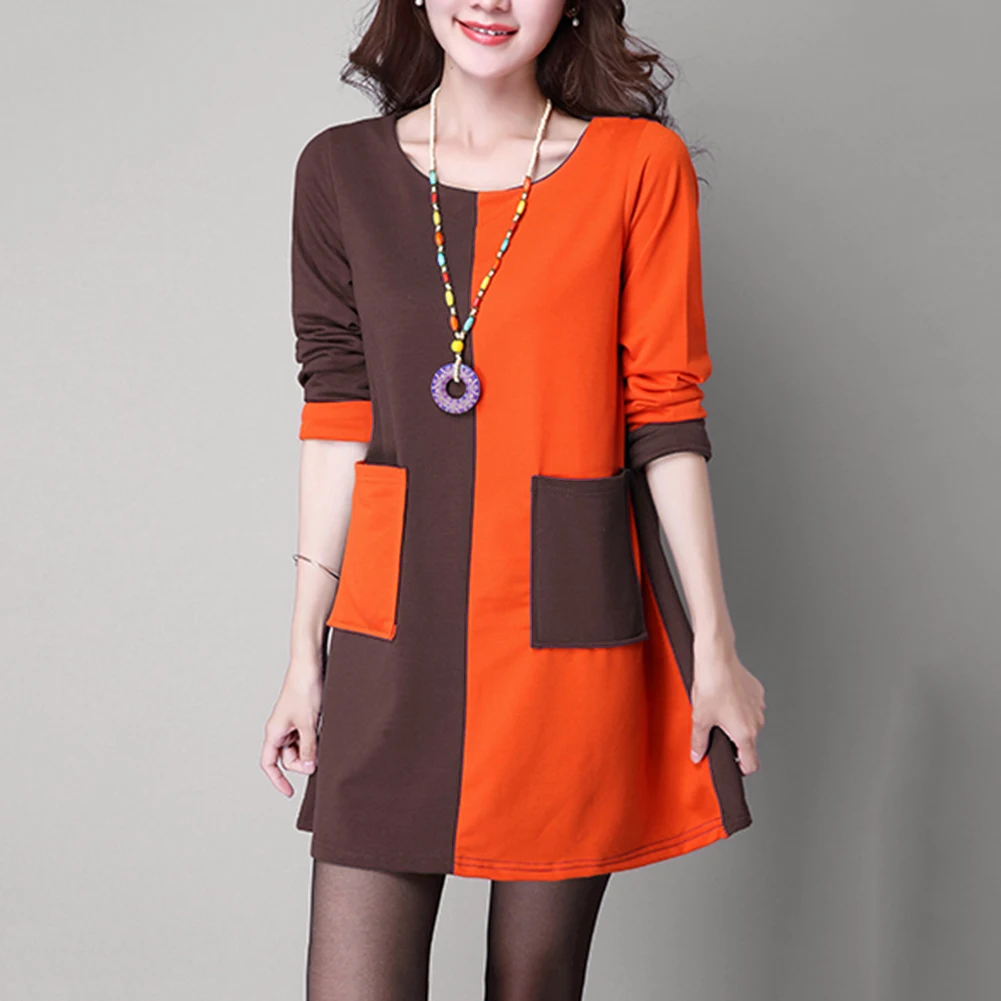New Fashion Dress Women With Pocket Solid Color Long Sleeve Round Neck Loose Casual Autumn Winter Dress