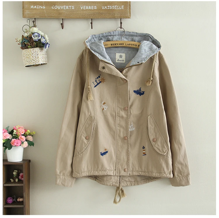 Anchor boats embroidery hooded zipper jacket female casual coat army green khaki