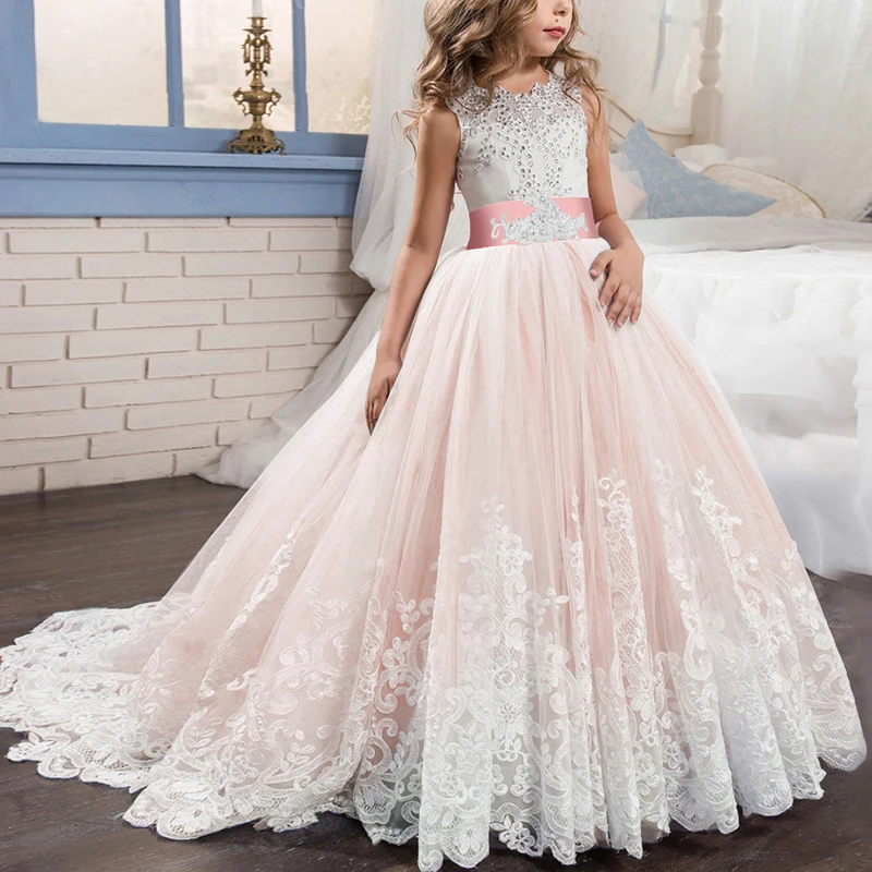 

Flower Girl Dress For Kids Lace Ball Gown Wedding Bridesmaid Communion Dresses