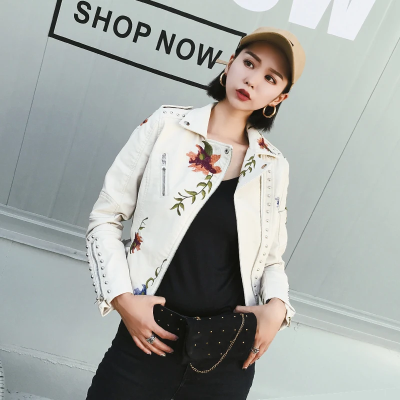 

Spring Autumn Flowers Embroidery Rivet Zipper Pu Leather Jacket Women New Turn-down Collar Black Slim Biker Coats jaqueta casaco