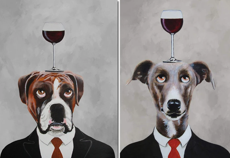 

Abstract art Dog oil paintings The boxer and Wine hand painted pets portrait modern canvas artwork black white for wall decor