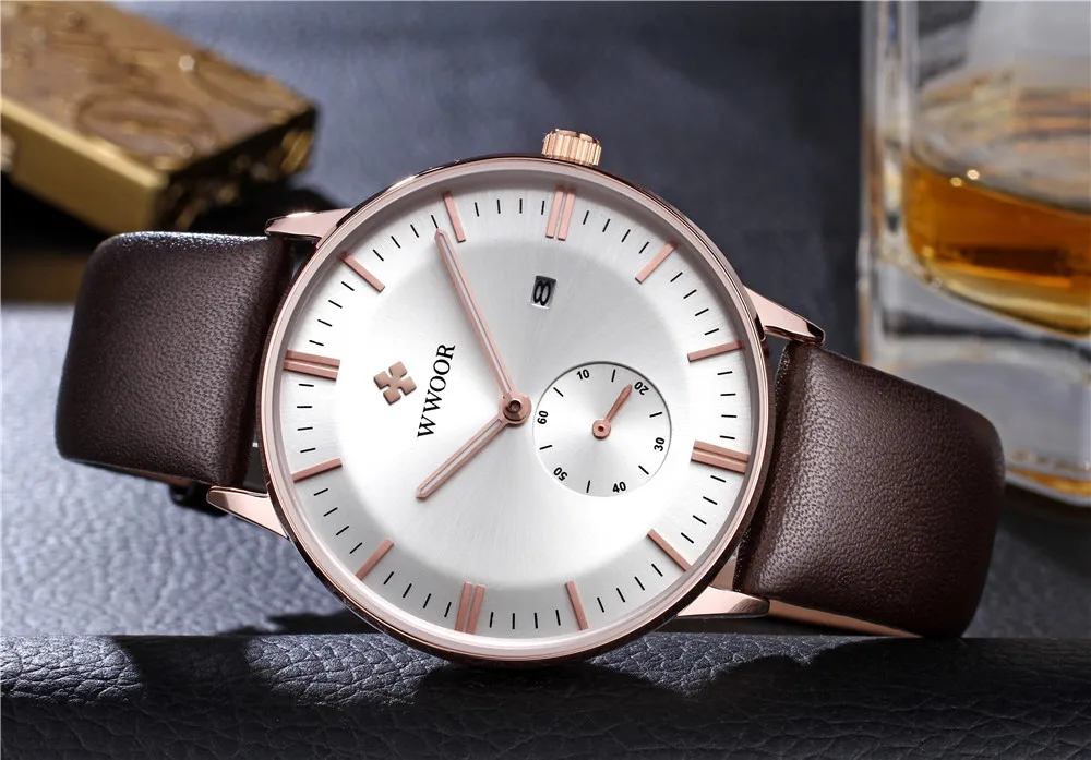 WWOOR мужские кварцевые часы с кожаным ремешком светящиеся стрелки Второй