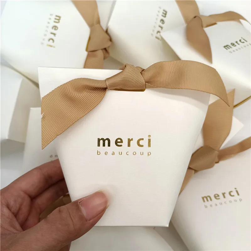 

20/50/100pcs Gold Merci Cardboard Gift Box for Business Wedding Pack of Dragees Christening Favors Green Brown Ribbon Paper Bag