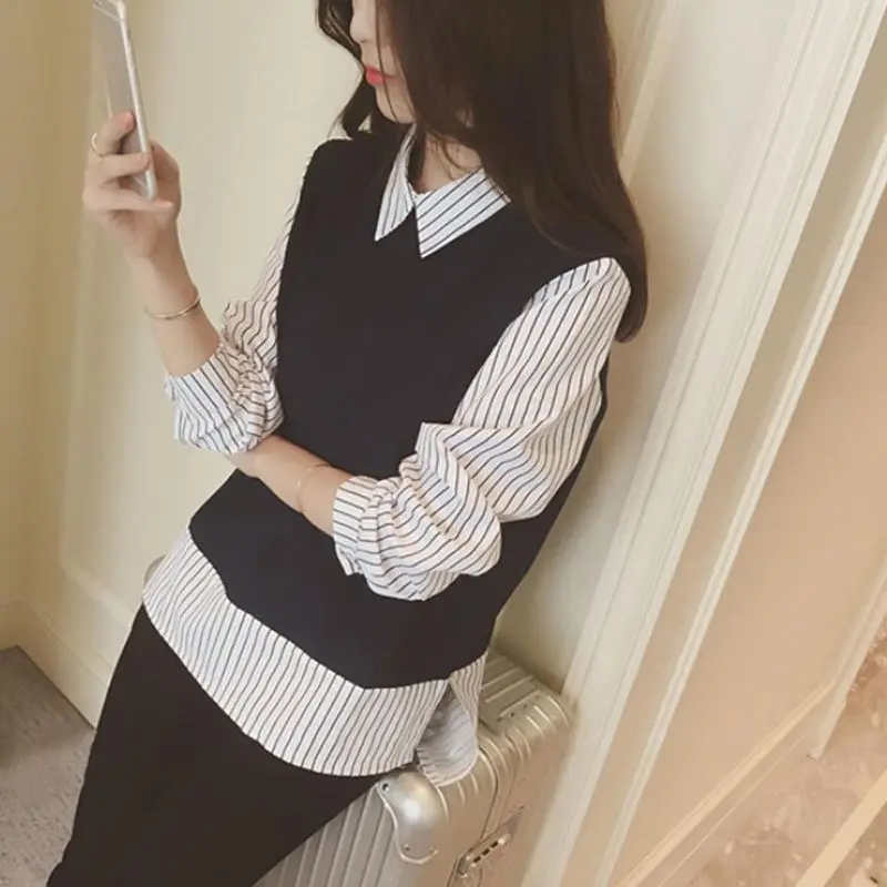 Women Lapel Long-sleeved Slim Shirts Long Section Fake Two-piece Female Girl Blouses And Tops blouses & shirts