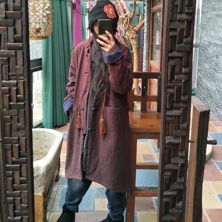 

2019 luo gu ni Origional Washing Flax Chinese Button Knots Stand Collar Handmade Stitching Medium-length Cotton-padded Clothes 1