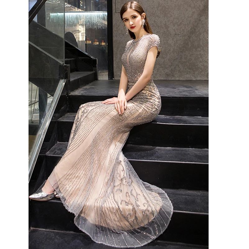 Новинка 2019 блестящие серебряные стразы Длинные вечерние платья русалка