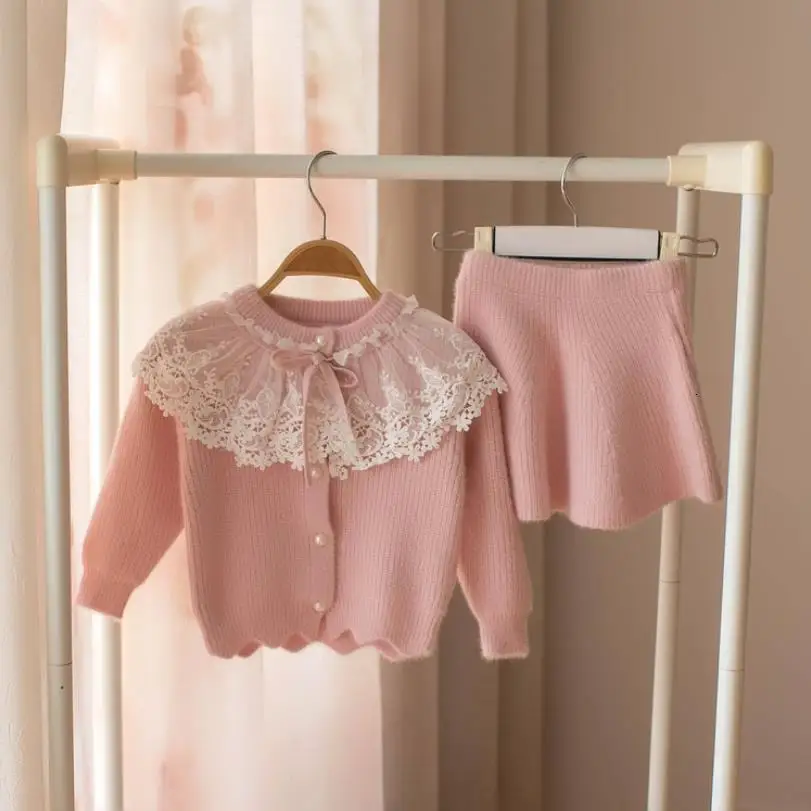 Baby girl clothes suit girls lace sweater suit autumn spring children's wear 2 sets of clothes children's clothing shirt jacket - Цвет: Pink