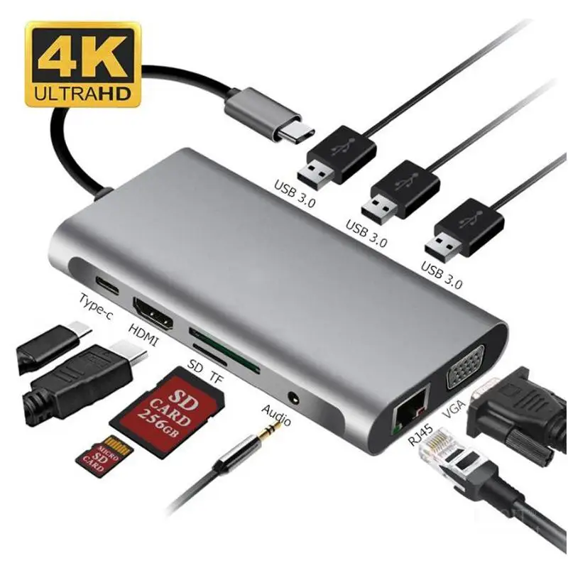 10 в 1 Тип C док-станция Алюминиевый USB C концентратор для нескольких USB 3,0 HDMI VGA RJ45 кард-ридер 3,5 мм разъем PD адаптер для MacBook