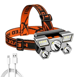 Lampe frontale Portable de pêche de nuit à 5 led, alimentée par batterie intégrée, Rechargeable par USB, étanche 