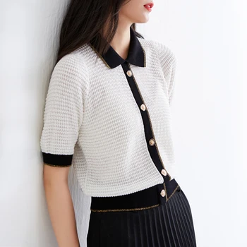 

Women's T-shirt 2020 new contrasting gold wire button hollowed-out pullover sweater loose lapel short-sleeved T-shirt