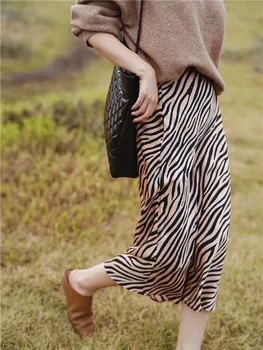 

2020 New Summer Silk Fishtail Midi Skirt For Women's A-line Ladies Stripes Printted Long Skirts Vacation