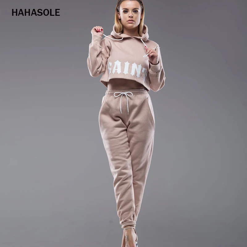 

HAHASOLE Women Sportswear 2 Piece Short Hoodie Running Sweatshirt + Pants Set Sportswear Street Casual Wear Set HWA4867-4
