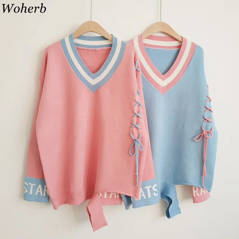 

Woherb Harajuku Oversized Sweaters and Pullovers for Women Long Sleeve Loose Letter Knitted Jumper Plus Size Lace Up Clothes