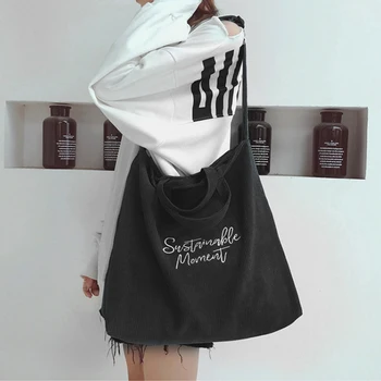 

Women Reusable Shopping Handbag Storage Embroidery Crossbody Large Capacity Grocery Soft Corduroy Tote Shoulder Bag Zipper