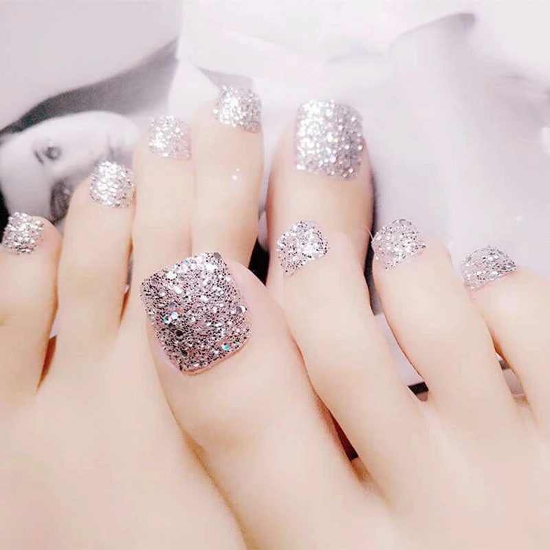 

Glitter Silver False Toe Nails With Design Acrylic Toenails Holo Sequins Nail Art Salon Manicure Tools