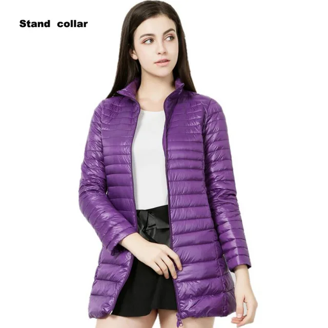 Пуховик для женщин; сезон весна-осень-зима; Теплый белый пуховик на утином пуху; Женская длинная Сверхлегкая куртка с капюшоном; женская куртка; 6XL 7XL - Цвет: Stand Collar Purple