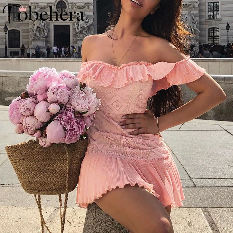 

Glamaker Off shoulder elegant lace pink dress Vintage ruffle short party dress autumn Clubwear vestidos de fiestashort dress new