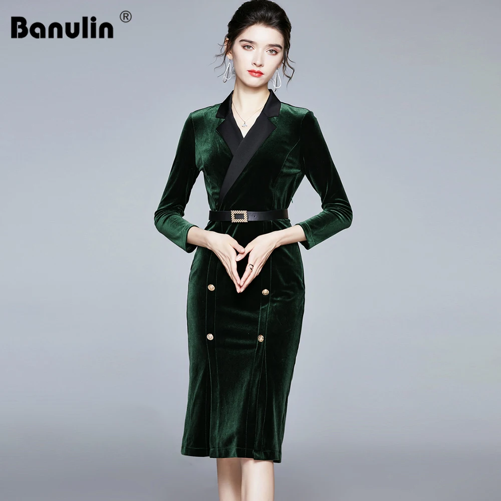 

Banulin Autumn Winter Runway Velvet Office Lady Bodycon Dress Woman Notched Collar Long Sleeve Buttons Sheath Dress Vestidos