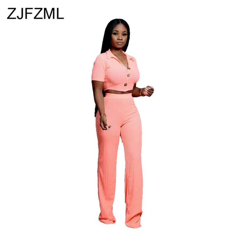 

Neon Green Ribbed Cotton Sexy 2 Piece Sweat Suit Women Short Sleeve Buttons Up Crop Tops + Wide Leg Pants Plus Size Summer Set