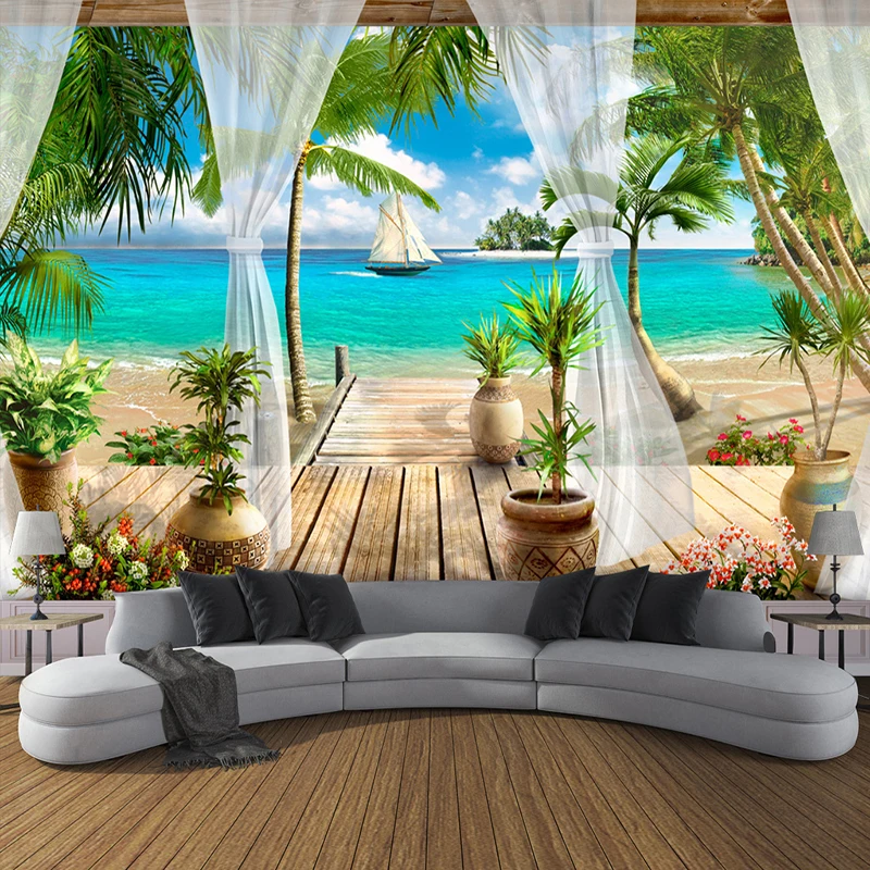 Özel 3D fotoğraf duvar kağıdı balkon kumlu plaj deniz manzaralı 3D Özel 3D fotoğraf duvar kağıdı balkon kumlu plaj deniz manzaralı 3D