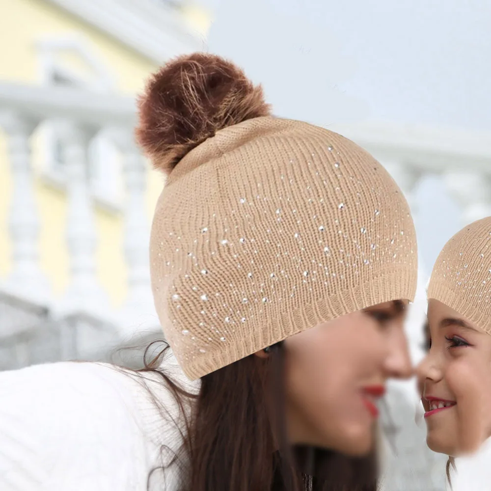 Вязанная теплая шапка для родителей и детей, одинаковая шапка для всей семьи, зимняя теплая вязаная шерстяная шапка с капюшоном HX1109