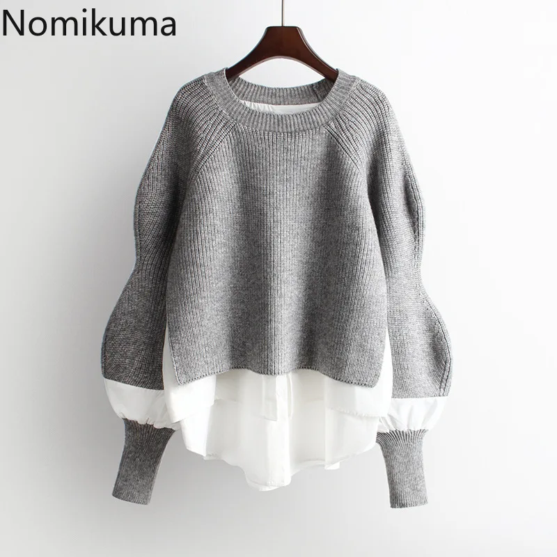 

Nomikuma 2020 Autumn Winter Knitted Women Pullover Sweater Causal Patchwork Long Sleeve O-neck Pull Femme Korean Jumpers 6B728