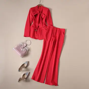 

European and American women's clothing 2019 winter new style Long-sleeved bow coat trousers Fashionable red suit