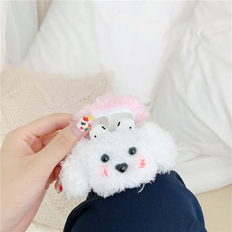 Cute Teddy Fuzzy Case For Apple Airpods 2/1 Cover Funny Cartoon Silicone Headphone Case Box For airpod Smooth Cloth Fabric Funda