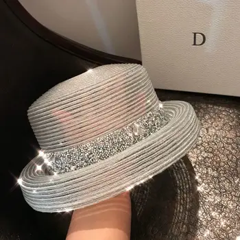

2020 Female Summer Women's Hat Hepburn Style Vintage Design Wide Side Straw Hat Transparent Bright Diamond Beach Hat Big Sun Hat